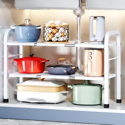 Retractable Adjustable Lower Sink Metal Storage Rack Pot Racks Plate Bowl Racking for Kitchen