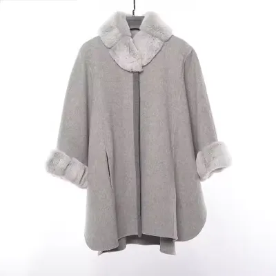 Jtfur Autumn Fashion Woolen Jacket Double Face Rex Rabbit Fur Collar Custom Women Wool Coat