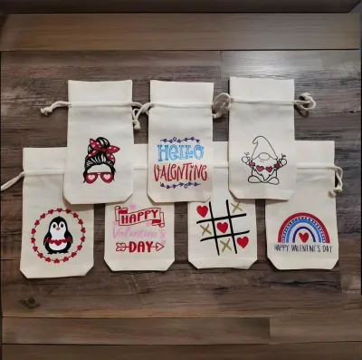 Valentines Party Favor Bag Romantic Mini Bag Valentine's Day Embroidered Linen Drawstring Pouches