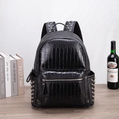 Trendy Korean-Style Rivet Crocodile Pattern Bolsos Escolares Large-Capacity PU Leather Backpack Air Mochilas