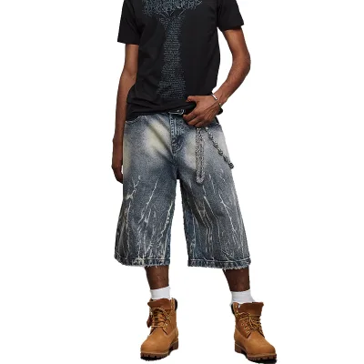 Men's Summer Jeans Lightning Pattern Embroidered Hip Hop Style Denim Shorts-14 Oz. Knee-Length Casual Straight Leg Quick Dry