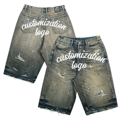 Washed Vintage Distressed Needle-punched Hole Woven Denim Mid Rise Capri Pants Retro Dirty Straight Hip Hop Summer Shorts