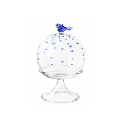 Custom Handblown Borosilicate Lidded Blue Bird Glass Pedestal Tray Compote for Macarons