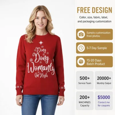 Women Crew Neck Red Knit Christmas Sweater Embroidered Letter Tree Snowflake Long Sleeve Funny Ugly Holiday Xmas Pullover