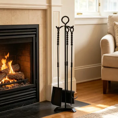 4 Pcs 30" Heavy Duty Manganese Steel Fireplace Tool Set Twisted Rope Design Black Indoor Outdoor Fire Pit Tools with Stand