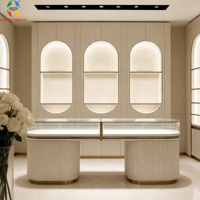 Custom Brand Identity Glass Heavy Duty LED Lit Square Jewelry Display Showcase Luxury Champagne Gold Finish Large Logo Area
