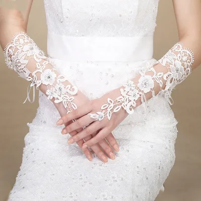 Fashion Lace Flower Bride Sexy Gloves With Diamond Wedding Lady Party Banquet Women Lace Sexy Long Glove
