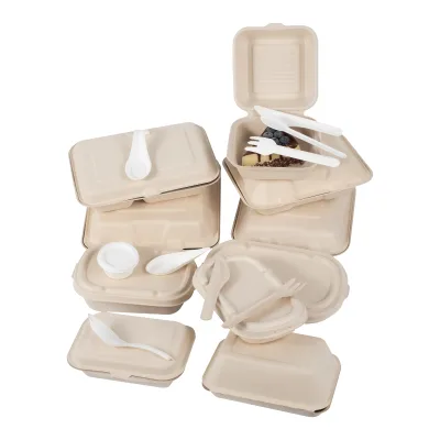 Eco-friendly Sugarcane Bagasse Fast Food Container Bagasse Clamshell Box Take Out Food Container