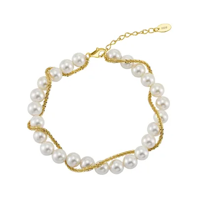 Fine Jewelry Shell Pearl Bracelet Dainty Double Layer 14K Gold Plated S925 Sterling Silver Cauliflower Chain Winding Bracelet