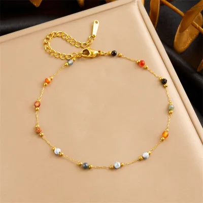 Summer Fashion Personalized Women Foot Chain Jewelry Waterproof Non Fading Stainless Steel Colorful Beaded Natural Stone Anklet