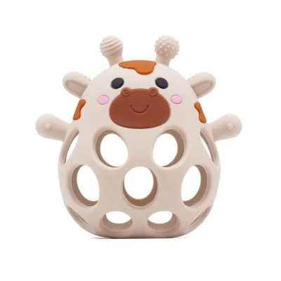 Soft Silicone Rattle Soft Silicone Cartoon Animal Grab Ball Hollow Giraffe Bunny Teether Toy for Toddler Grasp Training