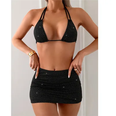 Black 3 Pieces Bikini Set 2024 Summer Beach Cover up Women'S Swimsuit