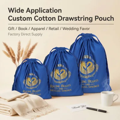 Custom Screen Printed Blue Cotton Drawstring Bag With Ribbon Luxury Large Gift Clothes Shoe Handbag Storage Dust Packaging Pouch