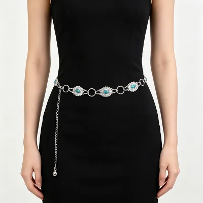 Vintage Silver Flower Turquoise Red Stone Waist Chain Women Fashion Decorative Waist Chain Adjustable Chain for Dresses