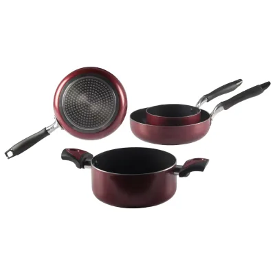 Set Four Wine-red Classic Lightweight Aluminum Non-stick Healthy Oven-safe Cookware Items Including Frying Pan Milk Pan Soup Pot
