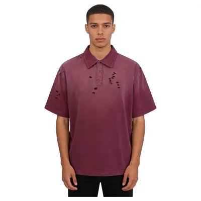 High Quality Men's Casual Distressed Ripped Polo Shirt Gradient Wash Oversized Streetwear Short Sleeve Top