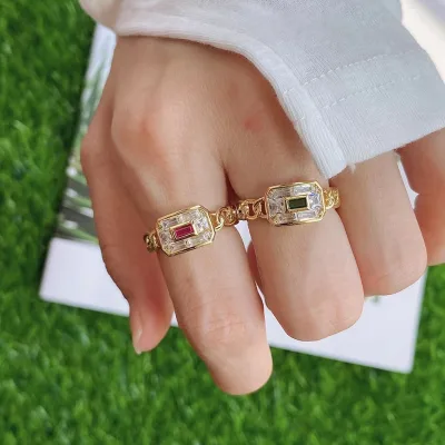 Brass Gold Plated Emerald Fashion Multi Color Glass and CZ Stone Stackable Rings Zircon Link Chain Finger Rings for Women