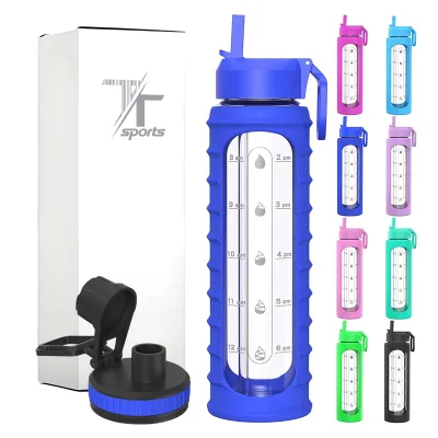 32oz Leakproof Borosilicate Glass Water Bottle With Silicone Sleeve Time Markers Straw Lid Custom Logo Wholesale