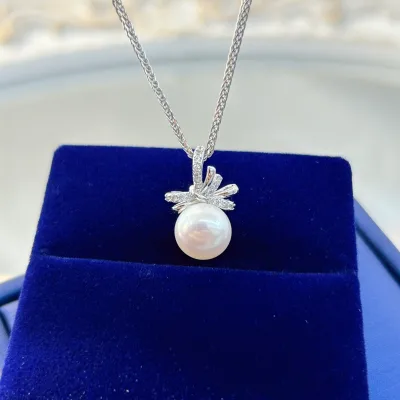 Romantic Freshwater Pearl Bow Pendant for Women Rhodium Plated Sterling Silver 925 Birthday Gift