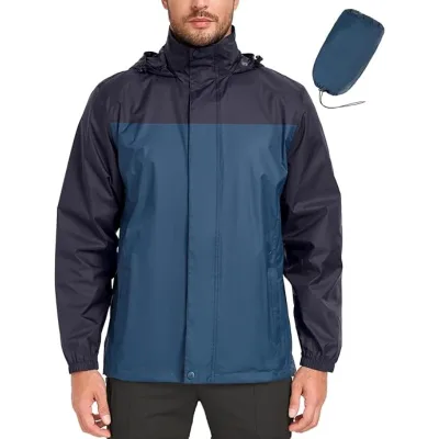 Men's Packable Rain Jacket Waterproof Lightweight Windbreaker Reflective Raincoat with Hood
