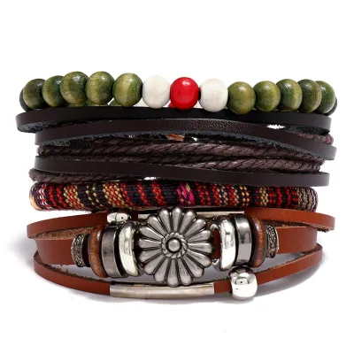 Vintage Woven Leather Ethnic Geometric Multilayer Handmade Genuine Leather Beaded Bangles Wedding Gift