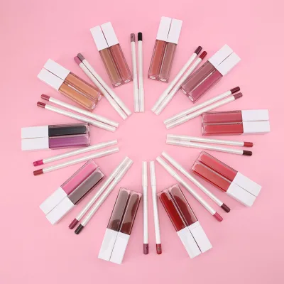 HMU White Cover Square Tube Low Moq Lip Gloss Waterproof Label Moisturizing Long Lasting Matte Lip Liner and Lip Gloss Set