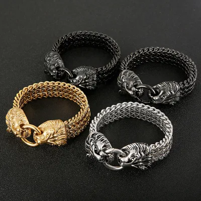 Manufacturer Wholesale Stainless Steel Bracelet Gold Plated Mens Custom Skeleton Head Wolf Head Lion Head Punk Style Anniversary