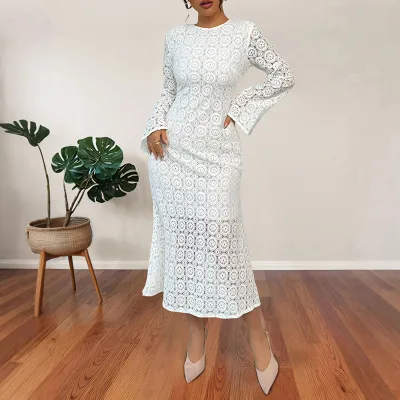 Women Party Dress Long Sleeves Lace Crew Neck Open Back Cream Flower Crochet Evening Bodycon Midi Dress