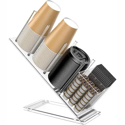 Acrylic Cup and Lid Holder with Straw Organizer, Adjustable Coffee Cup Holder Organizer, 5 Compartment Cup Dispenser