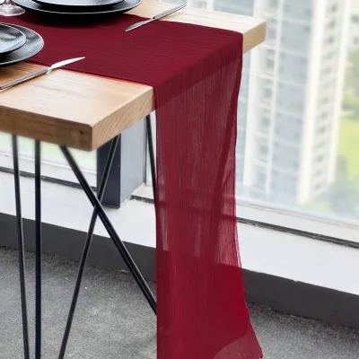 Romantic Red 28*118 Inches Carmine Sheer Wrinkle Chiffon Table Runner Blush Woven Design for Rectangle Christmas Tables