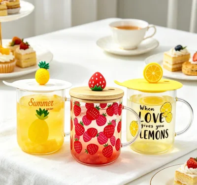 Factory Wholesale Cute Cartoon Glass Mug Customizable Multi-Fruit Pattern FoodSafety HomeOfficeholiday Use High-Value DrinkMugs