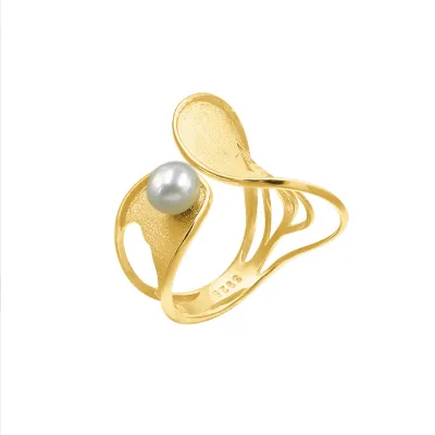 Handmade Sterling Silver Hollow Abstract Pearl French Niche High-grade Open Ring
