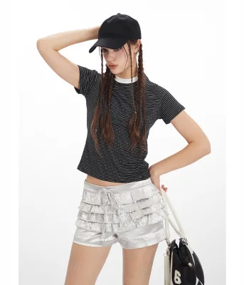 Oem Y2K Tshirts High Quality Cotton Custom Logo Size Tight Streetwear Skinny Strip Crop Top Women T-shirts