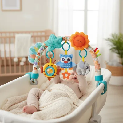 Super Soft Plastic Cartoon Animals Style Bed Bell Clip Baby Early Education Toys Built in Ratting Paper