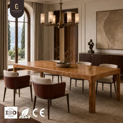 Luxury Burl Wood Dining Table with Seamless Rounded Legs for Refined Mansion Dining and Entertaining Villa Interior Project