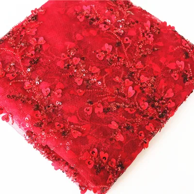 Exquisite Beaded Mesh Fabric Dress Lace Fabric Wine Red