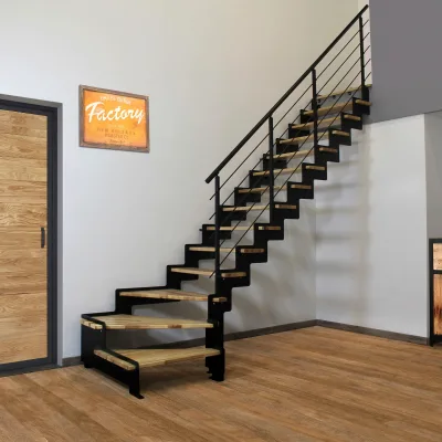 Modern Indoor Solid Wood & Steel Straight Double Side Beam Stair with Metal Railing Durable Steps