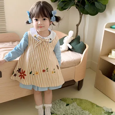Striped Embroidered 3 Piece Set Long Sleeve O Neck A-Line Spring Autumn Kids Dress