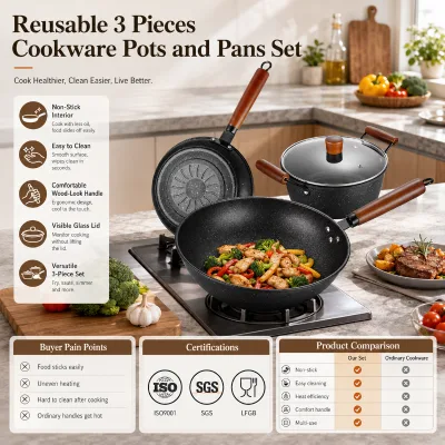Customized Logo Reusable 3 Piece Cookware Pots and Pans Set Non Stick Kitchen Cooking Set