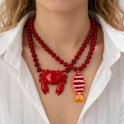 Clown Fish Pendant Necklace Red Beads Chain Marine Crab Charm Alloy Summer Beach Jewelry for Women Party Holiday Gift