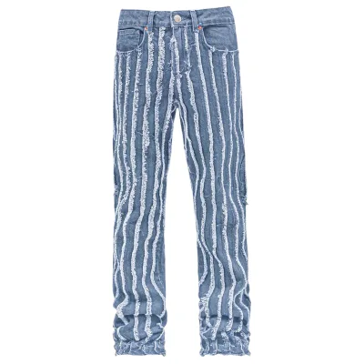 Light Stone Wash Denim Jeans with Frayed Seams - Distressed Vintage Straight Leg Pants for Men Women