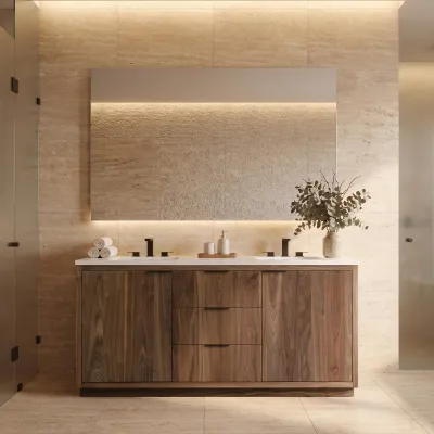 Modern Solid Oak Walnut Bathroom Vanity with Soft Close Drawers & LED Backlit Mirror & Integrated White Stone Countertop