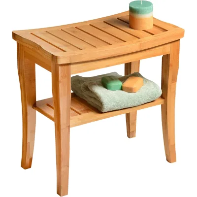 Wholesale Shower Bench Spa Stool Foot Rest Non-Slip Feet Bamboo Shower Bench Stool with Shelf 2-Tier Wood Storage for Bathroom