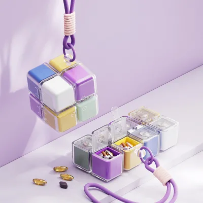 Rubik's Cube Plastic Pill Box Portable Lanyard Large Capacity Weekly Sealed Moisture-Proof Medication Organizer Storage Box