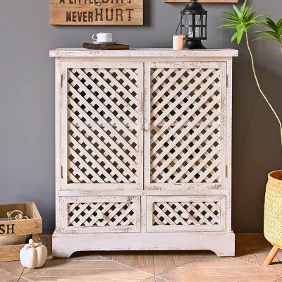 Modern Rustic Distressed Wooden Sideboard White Washed Pantry Furniture Set for Dining Farmhouse Living Room Corner Storage