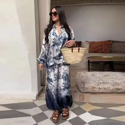 2024 Summer New Women's Fashion Polo Collar Long Sleeved Tree Print Shirt Elastic Waist Loose High Waist Pants Set