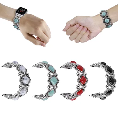 Personality Retro Alloy Turquoise Elastic Bracelet Chain Watch Bands for apple Watch 38mm 42mm 49mm