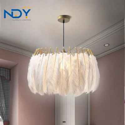 Modern White Feather Pendant Light Gold Metal Frame Luxury LED Ceiling Chandelier for Bedroom Nursery Living Room