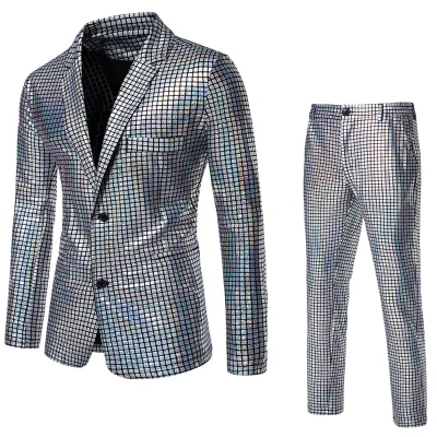 Halloween Party Prom Suits Shiny Rainbow Plaid Sequin Jacket Pants Men Dance Festival Christmas Halloween Party Costume Homme
