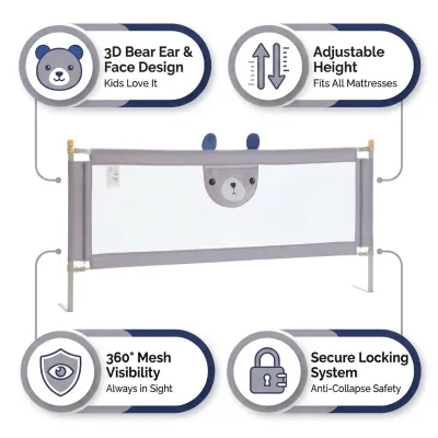 OEM 200cm Queen Bed Safety Rail Guard for Kids, Cute Bear Design Breathable Mesh Panel 3-Level Height Adjustable
